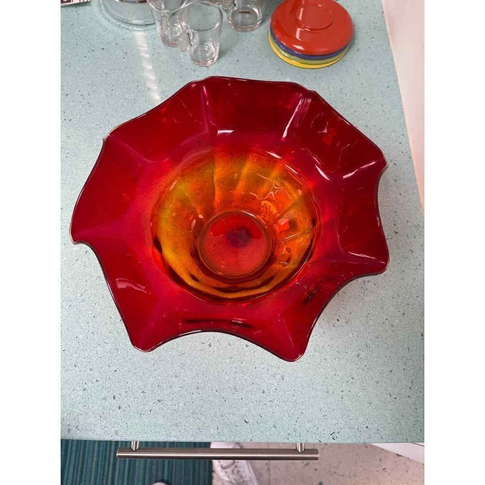 Blenko Vintage Amberina Ruffle Bowl Red Size Large Mid Century Modern MCM Orange